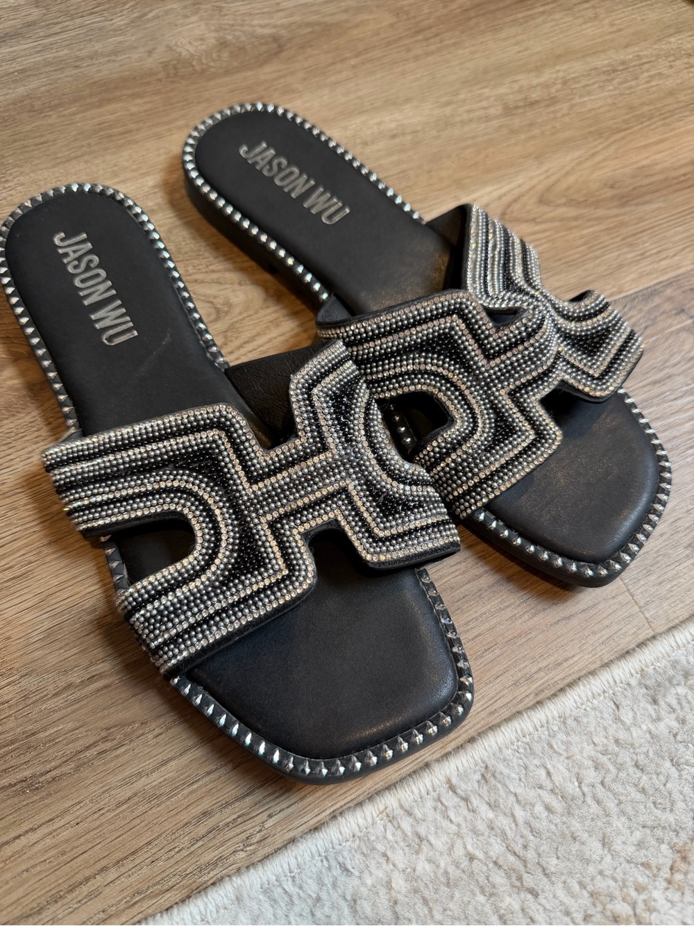 Jason Wu Black and Silver Embellished Slide Sandals